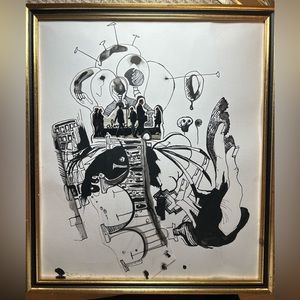 Original ink drawing framed artwork ooak signed black and white drawing collage